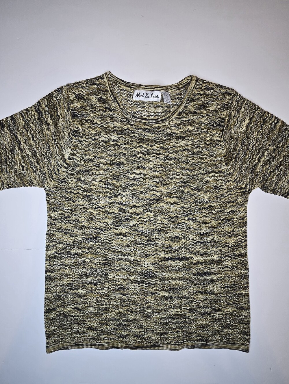 Mel & Lisa 100% Pure Silk Knit Sweater Women's Medium Brown Tan Short Sleeve